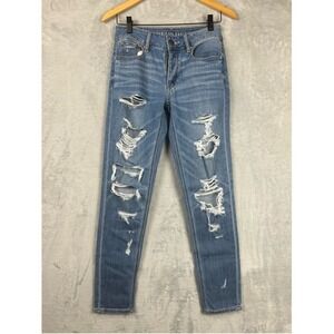 American Eagle Tomgirl Distressed Jeans 00 Regular Blue‎ Button Fly Tapered